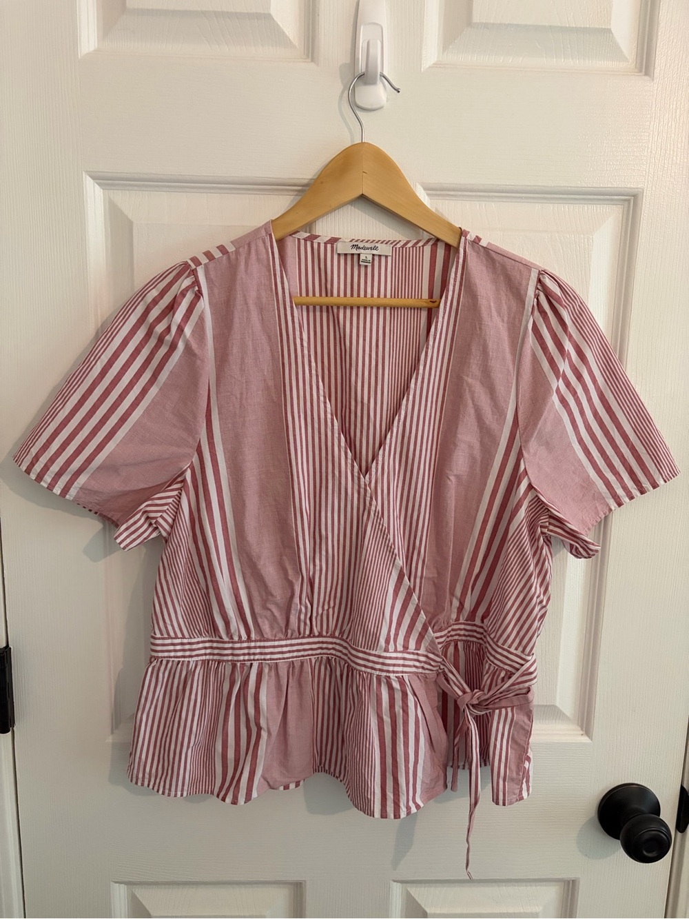 Madewell Dusty Rose and White Striped Wrap Peplum Blouse - Size L